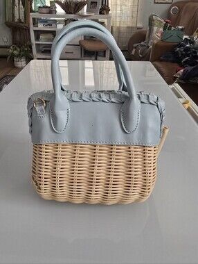 Woven Rattan Bag with Light Blue Trim